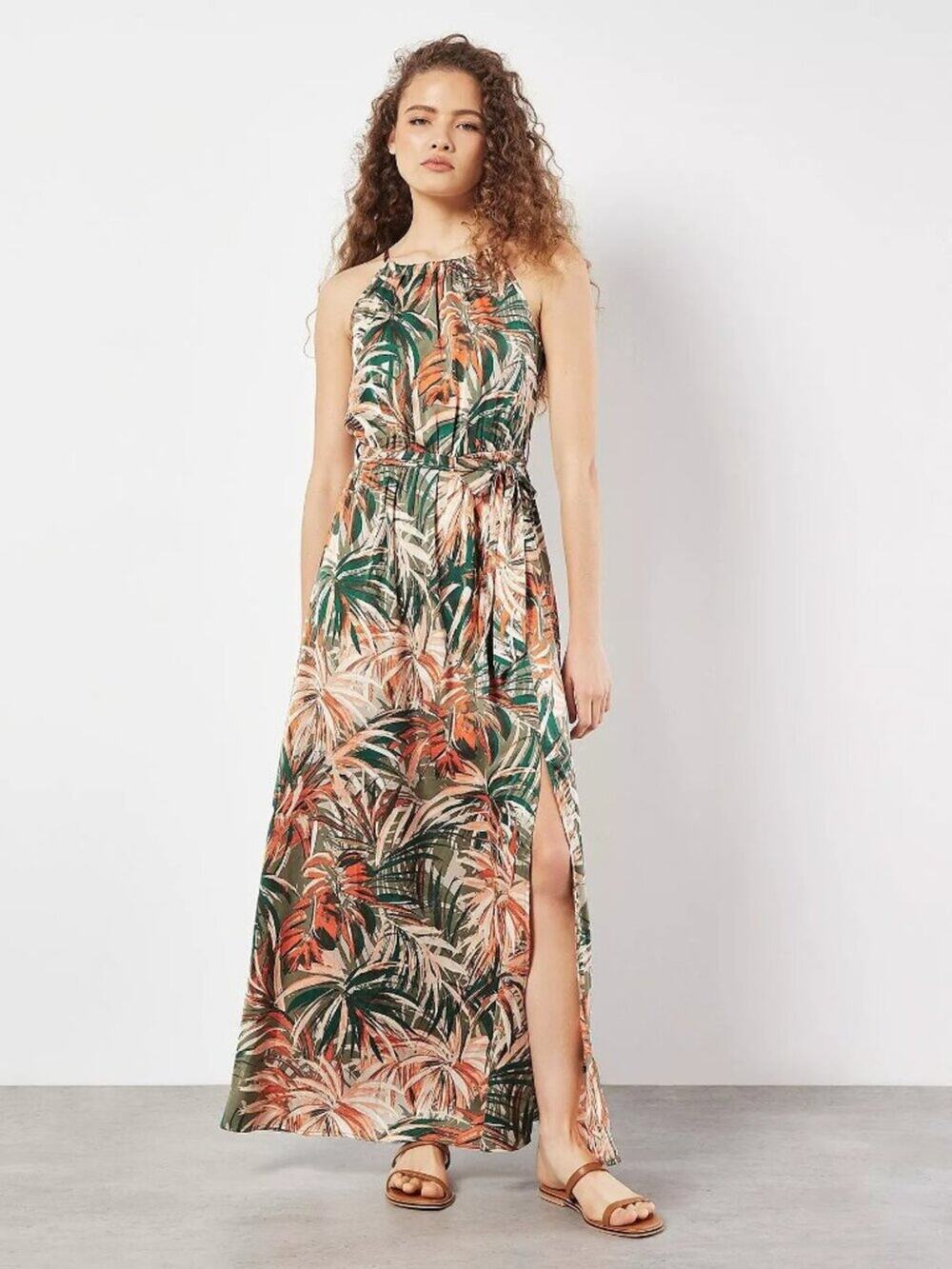 Francesca's Gilda Tropical Sleeveless Halter Maxi Dress Green Palm Print - XS
